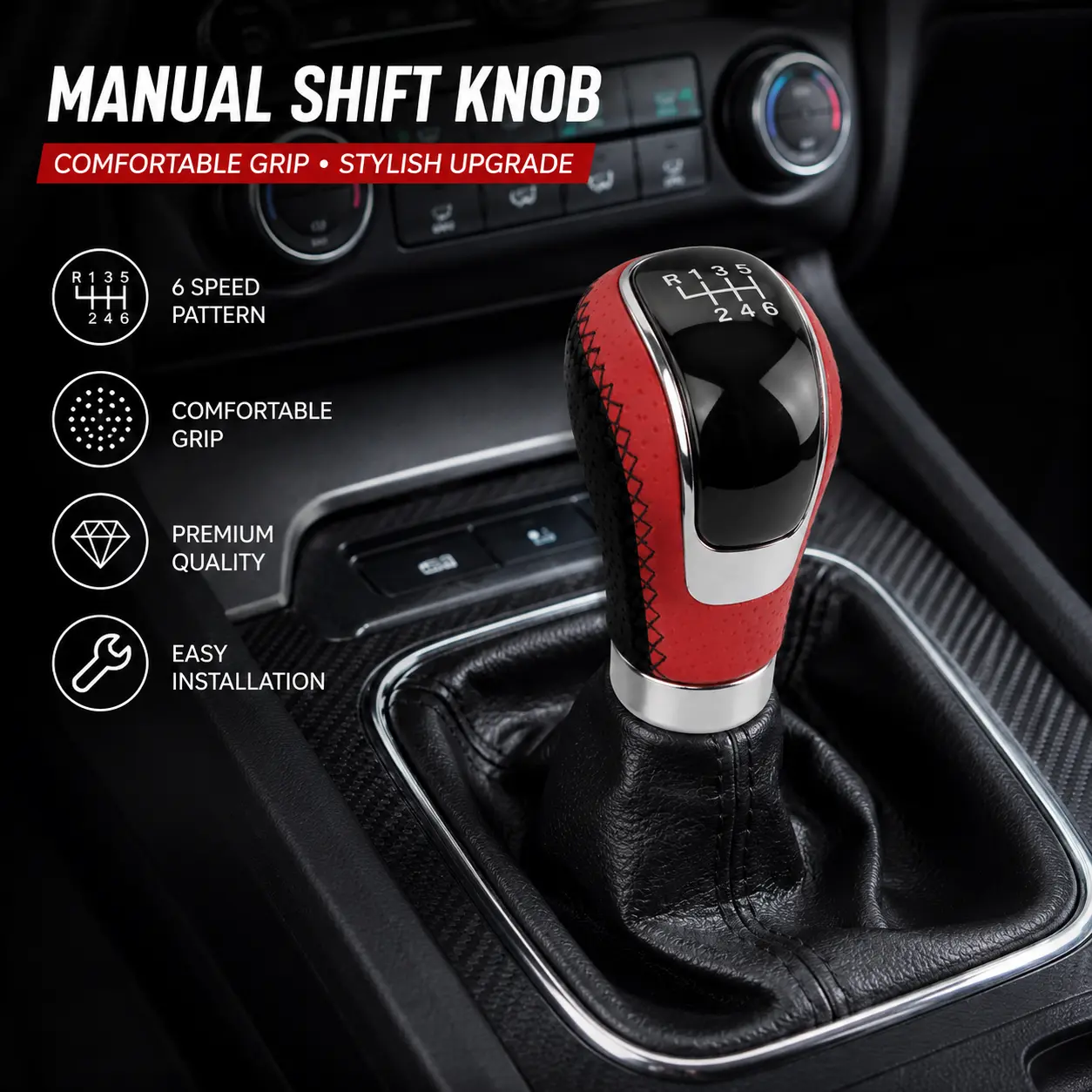 Automotive 6-Speed Racing Style Manual Shift Knob Replacement, Universal Ergonomic Shape Shifter Knob with Enhanced Grip, Detailed Stitching & Glossy Black Top Panel, Red Black JDM Car Interior Accessory for Tuner Projects