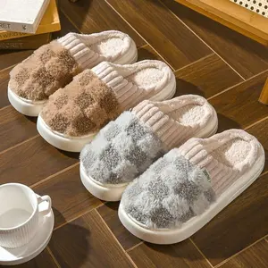 Men's & Women's Plush Furry Slippers with Thick TPR Sole Beige Pink White Brown Gray Plaid Indoor House Shoes Upper & Warm Slip On fur slides