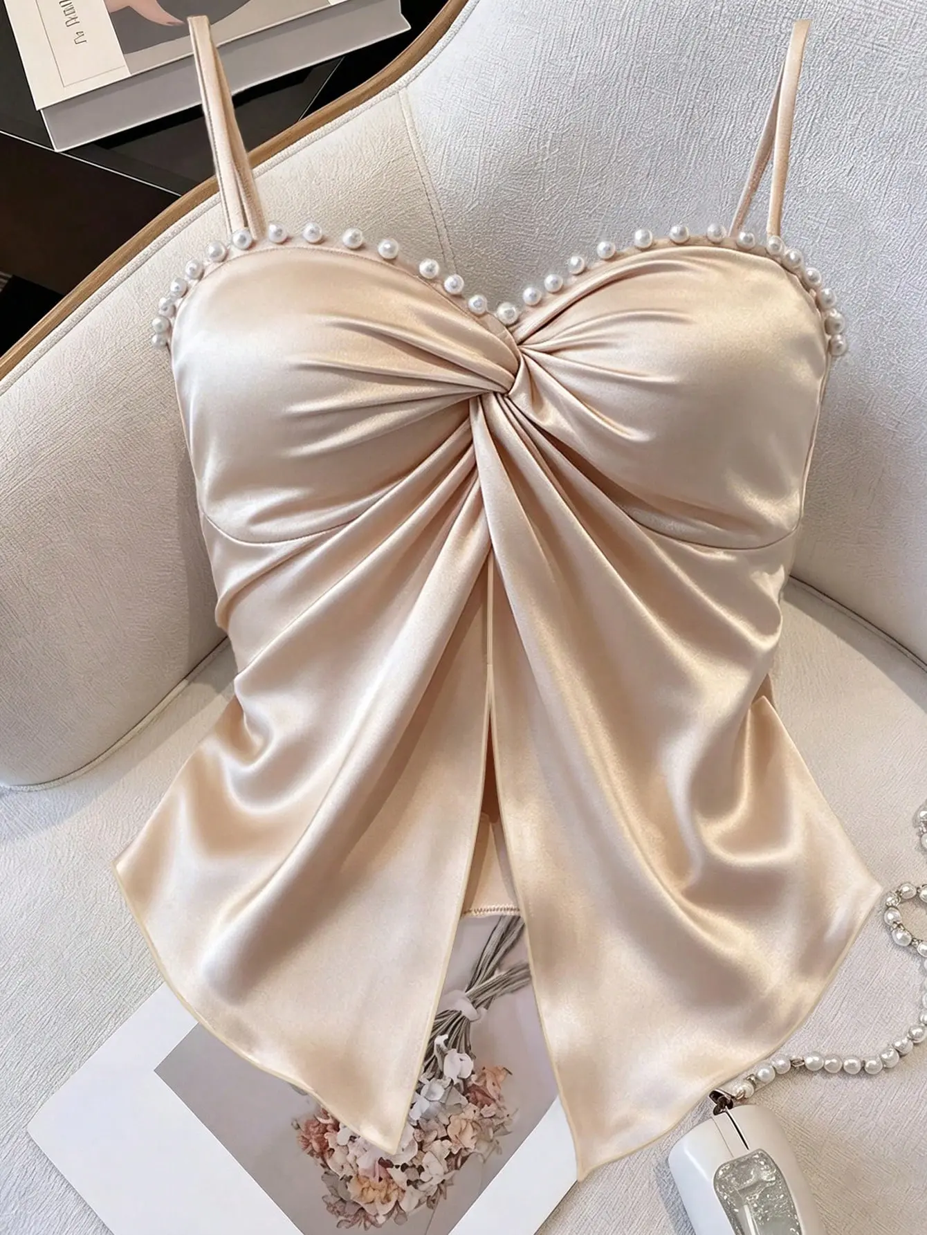 Women’s Strapless Twist Knot Camisole Pearl Neckline Asymmetrical Hem Elegant Party Top Beige Summer, asymmetrical hem top, elegant party top, wedding guest outfit, date night top