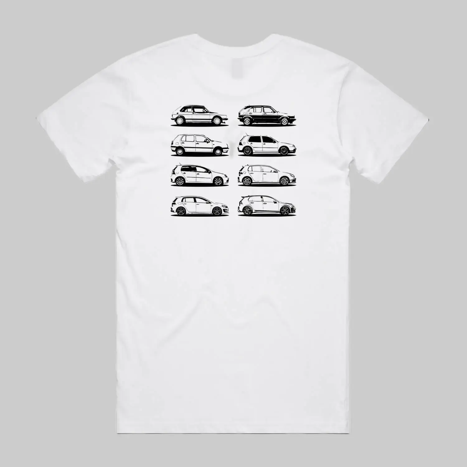 VW Golf GTI Hatchback MK1-MK8 - Eight Generations Graphic T-Shirt Sweatshirt Hoodie 2 Sided Gift for Car Lovers Tee