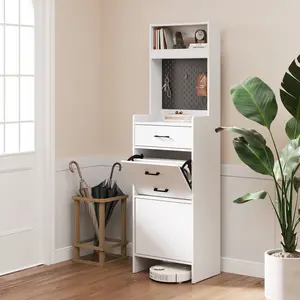 5-in-1 Shoe Cabinet with Flip Drawer, Entryway Shoe Storage with Pegboard, Adjustable Shelf, Wood Entryway Cabinet, White