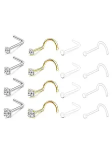 16Pcs 20G  Nose Studs Set, Hypoallergenic Surgical Steel Nose Rings, L-Shaped Corkscrew Clear CZ Piercing Jewelry with Invisible Retainers for Women