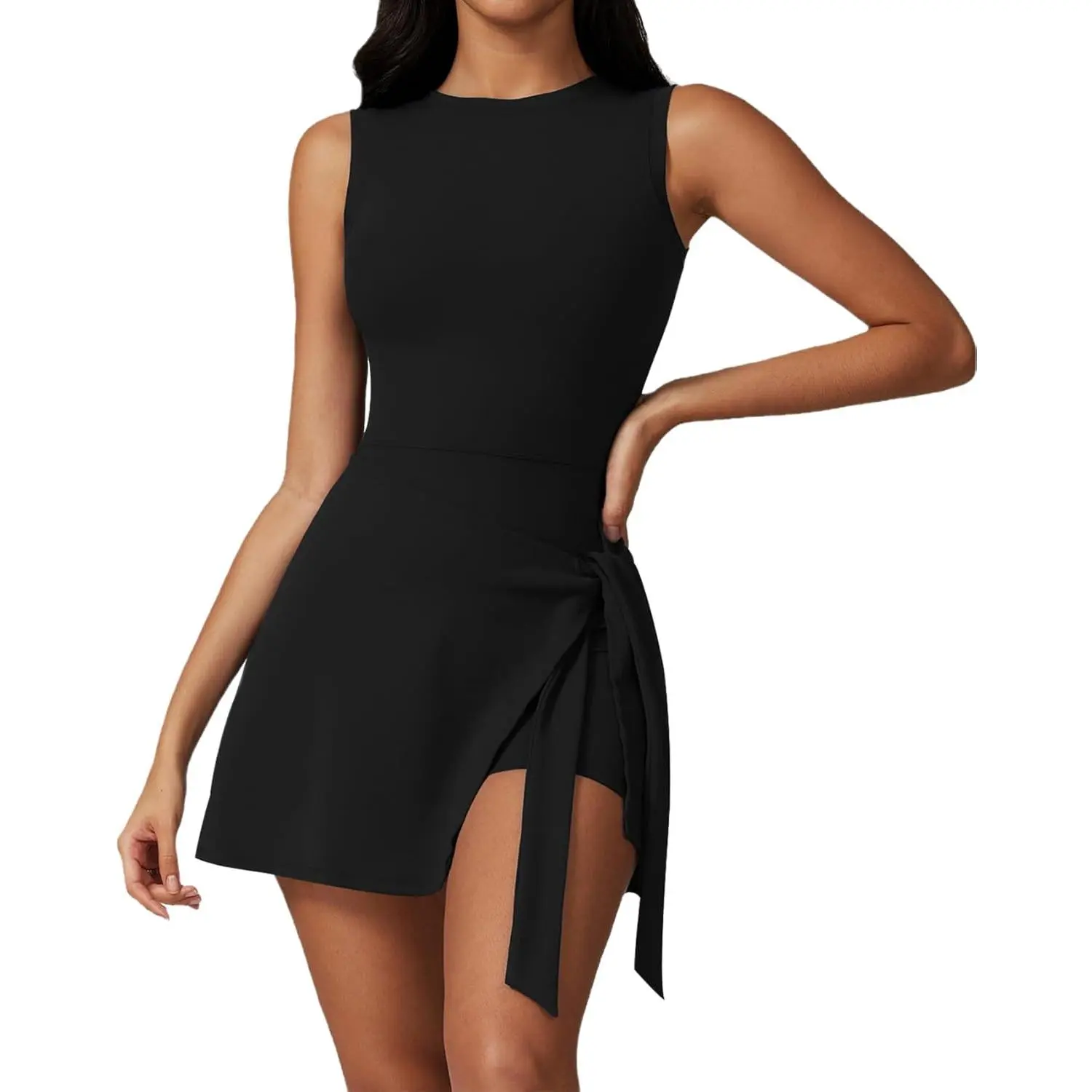 Women's Athletic Dress, Stretch-Fit Sleeveless Romper with Built-in Shorts and Front Tie Design for Tennis & Golf, Elastic Fabric, Quick Dry, Biking, Added Security, Running, Hiking, Crew Neck, Female, Fitted