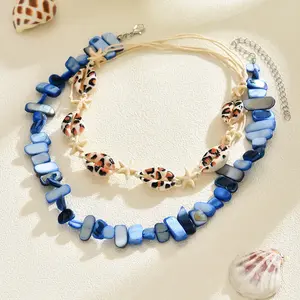 Blue Shell Choker Necklace for Women, 2-Layer Multi Strand Leopard Print Cowrie Shell Choker, Mother of Pearl Chip Strand Starfish Charm Coastal Summer Beach Jewelry Pack