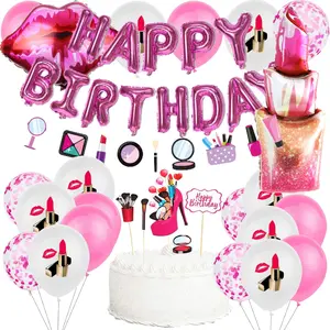 Spa Makeup Party Supplies With Spa Latex Balloon,Lipstick Foil Balloons,Happy Birthday Balloons Banner,Make Up Garland Banner Cake Toppers For Kids Nail Girl Theme,Salon,Spa Birthday Party Decorations