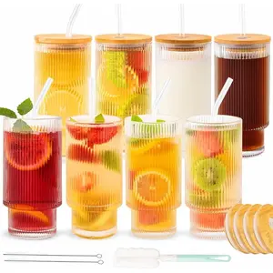 8 Count 11Oz Glass Cups with Lids and Strands, Ribbed Glassware, Stackable Glass Cups, Suitable for Coffee, Fruit Juice, , , Glass Cups with Lids,Vintage Glass Cups,(11Oz)