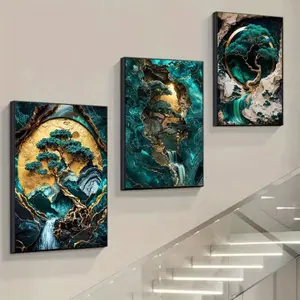 3PCS Marble Wall Art Canvas Prints | Jade Green & Gold Foil Line Abstract Paintings | Luxury Frameless Home Decor 20x30cm