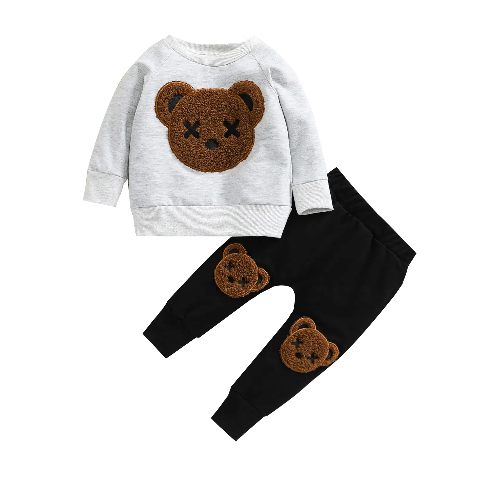 Toddler Kid Baby Boy Clothes Bear Long Sleeve Sweatshirt Top Fuzzy Patch Pants Sweatsuit 2PCS Fall Winter Outfits Set