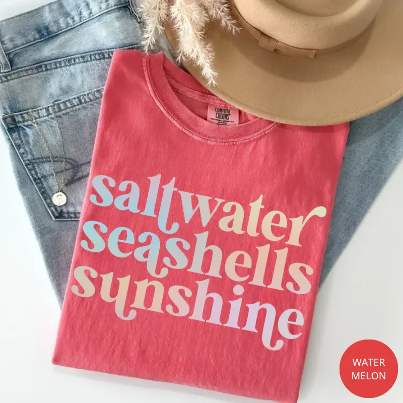 Comfort Colors Women's Sweatshirt, Casual Coastal Cowgirl Crewneck with Sunshine & Seashell Graphic, Soft Cotton Top for a Beach Vacation, Shortsleeve, Lady, Beach Themed Slogan Women's T-Shirts, Fitted