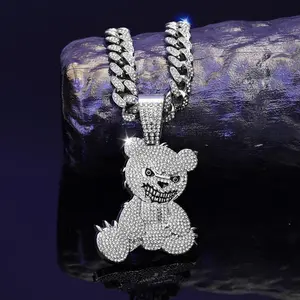 Fashion grin Bear necklace Hip Hop full diamond Cuban chain（gift）