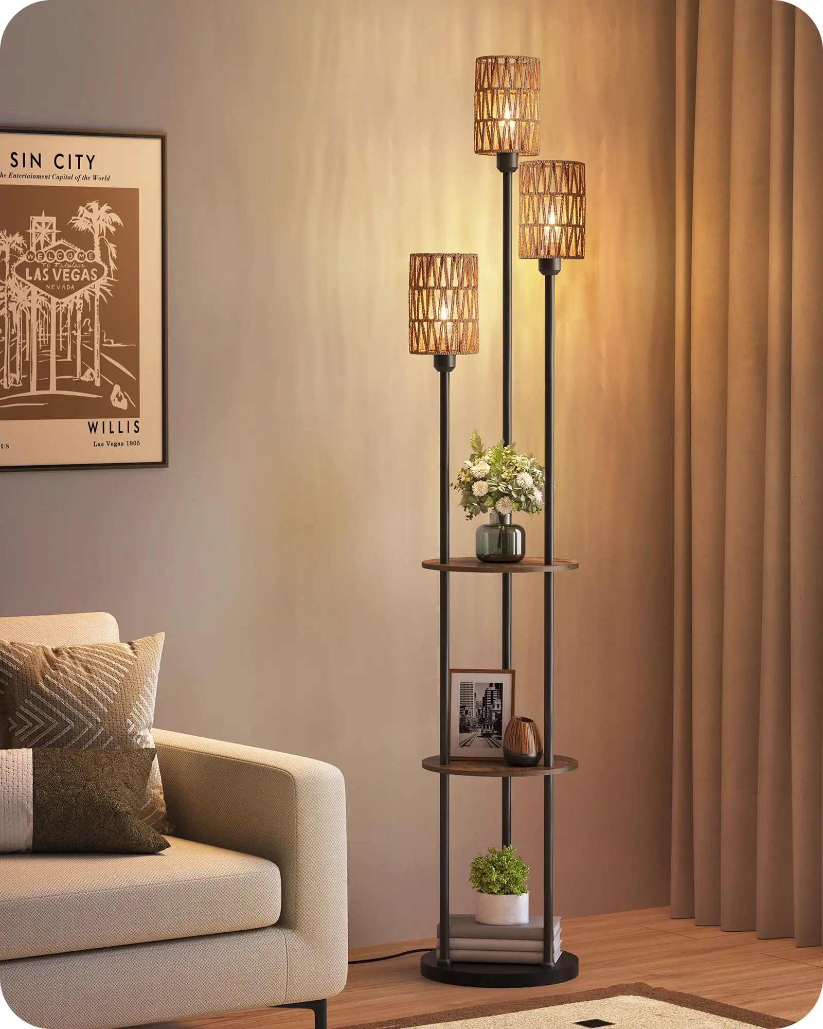 Floor Lamp with Shelves, Boho Floor Lamp with Foot Switch, 3-Light Standing Lamp, for Living Room, Bedroom, Study, Rustic Brown and Yellow