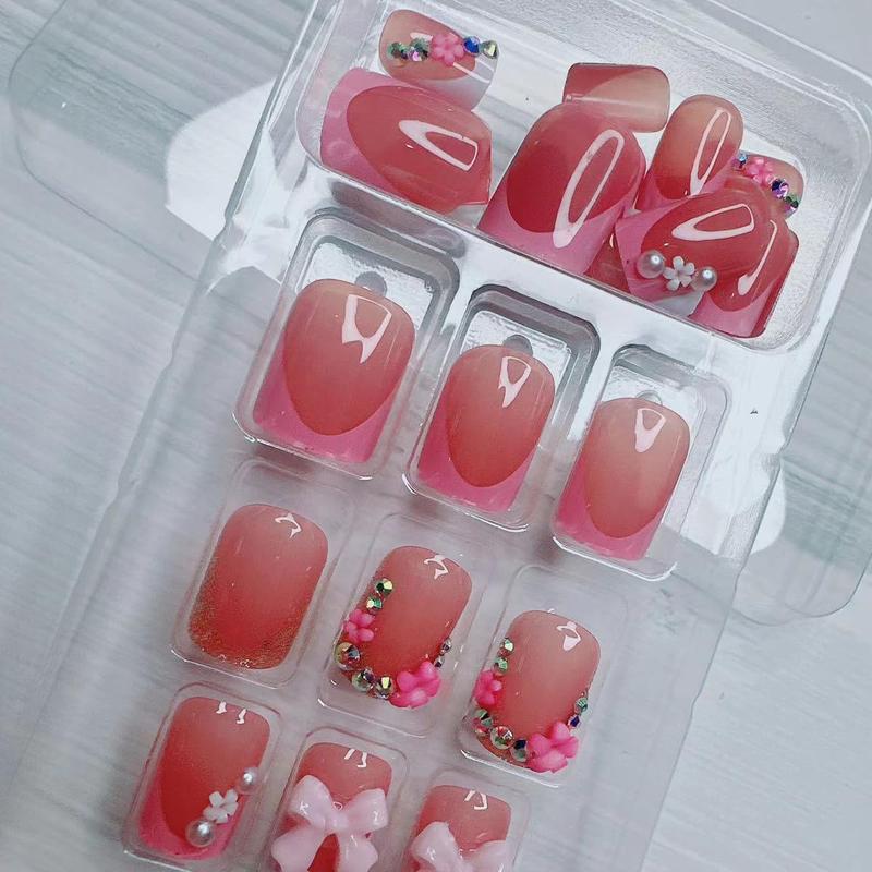 24pcs French Tip Press-On Nails - Short, Charms, Bow, Flower Design, Pink, Cute, Square Shape, Acrylic, Rhinestones
