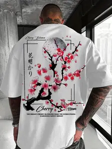 Men's Loose Fit Cherry Sakura Print T-Shirt, Dual-Sided Sakura & Moon Pattern, Japanese Street Style, Summer Casual Wear, Soft Breathable Fabric