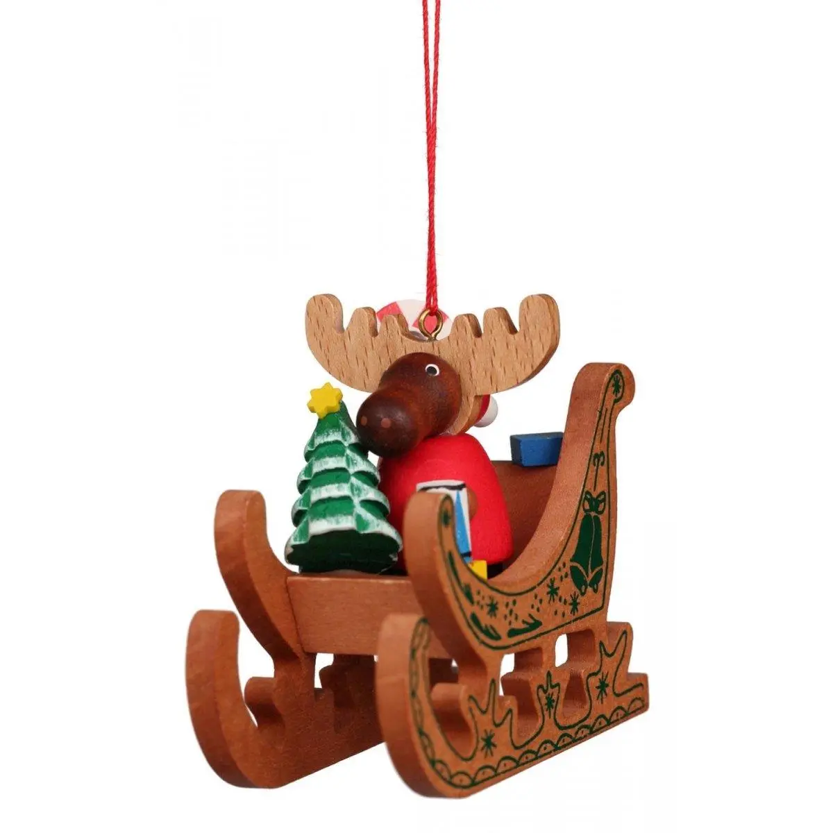 212 MAIN Hanging Christian Ulbricht Wooden Christmas Decoration - Alexander Taron Animal Ornament, Moose-in-Sled Design, Christmas Decorations