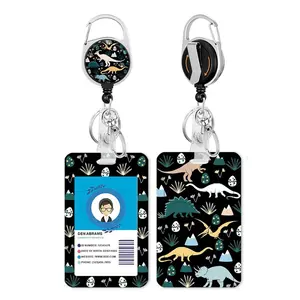 Dinosaur Pattern Retractable Badge Holder, 1 Count Badge Reel with Key Ring, Identification Badges & Supplies for Nurse Teacher Office