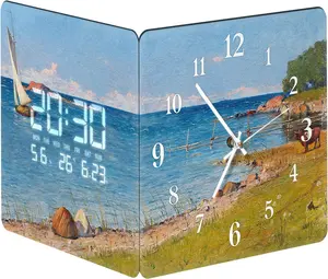 12'' Double Sided 90° Corner Wall Clock, Coastal Oil Painting, Radar Motion Activated, Analog & LED Display with Temp Humidity Date Day, Silent Non-Ticking Plug-in for Beach House Cabin