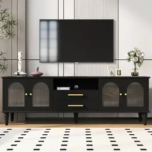 VIBE HAUS 68.9'' Retro TV Stand for TVs up to 75 Inches Entertainment Center Media Console with Fluted Glass Doors and Five Solid Wood Legs for Living room OLD SKU:N724P198468B
