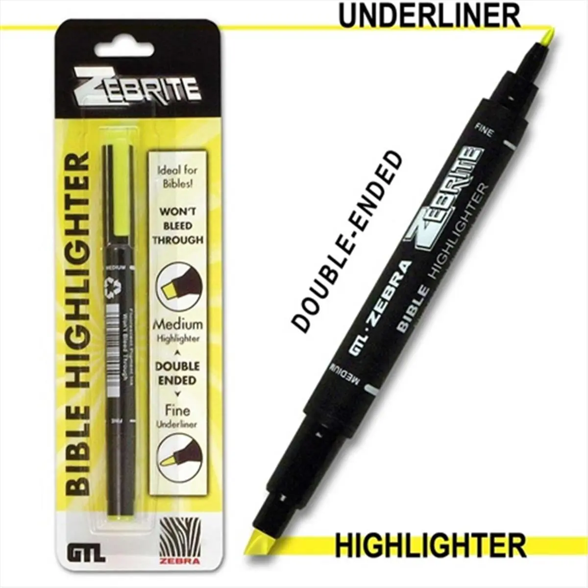 G T Luscombe 992535 Zebrite Carded Pack Yellow Highlighter - Double-Ended, Medium/Fine Tip, Fine Underliner, Pigment Ink, No Bleed Through, No Fading, Ideal for Book and Bible Access (Office Stationery Writing Tool)