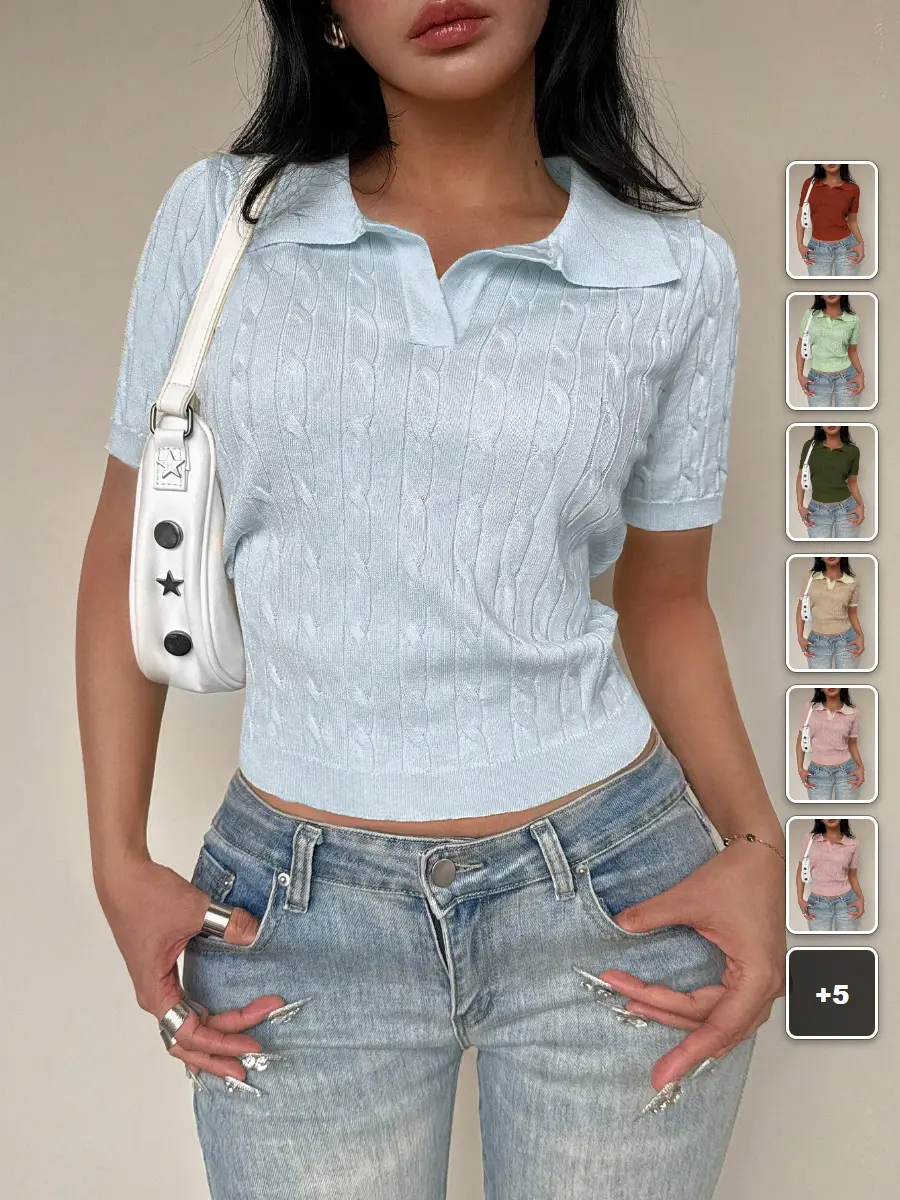 Polo Neck Knit Top Solid Short Sleeve Twist Knit Casual Everyday Fashion