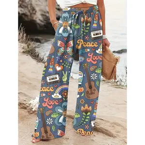 Women's High-Waist Wide-Leg Peace & Love Graphic Print Pants - Vibrant Hippie Design, Comfortable Casual Loose Fit, Polyester Blend, Perfect for Summer Beach or Casual Attire, Beach Pants Bottoms Fabric