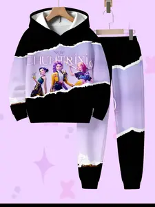 Girls' Anime Group 3D Printed Set, Colorblock Hoodie and Sweatpants Two-Piece, Casual Spring & Fall Kids Clothing