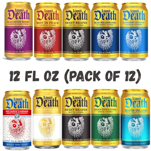 Liquid Death Iced Tea Beverage, 12 Fl Oz, Pack of 12, Less Sugar, Natural Caffeine, B Vitamins, No Artificial Sweeteners, Black Tea