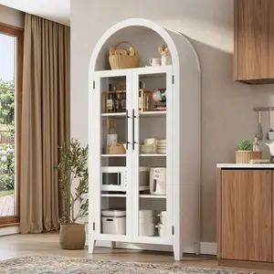 ZR-GARVEE Modern Arched Kitchen Pantry Cabinet with Glass Doors Aesthetic 5 Tier Display Shelf for Living Room Farmhouse Storage Cabinet and Coffee Bar Station