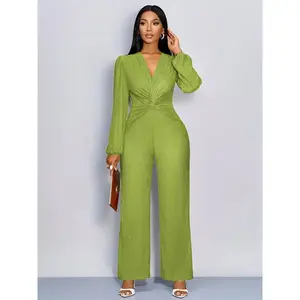 Elegant deep V-neck jumpsuit with knot detail, cinched waist design, lantern sleeves, wide-leg pants, casual chic style, women’s fashion, elegance, womenswear, long sleeves