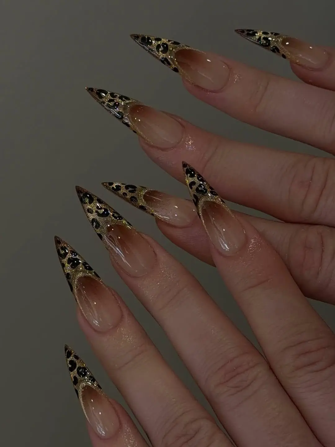 Long Stiletto Leopard Print Press On Nails – Gold French Tip Design with Brown Ombre Sparkle Glam Nail Art