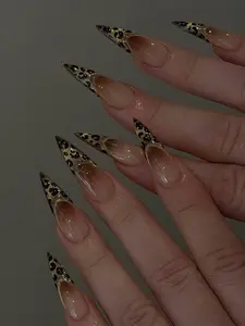 Long Stiletto Leopard Print Press On Nails – Gold French Tip Design with Brown Ombre Sparkle Glam Nail Art