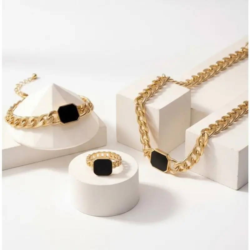 Unisex 3Pcs Gold-Tone & Black Fashion Gold Jewelry Set - Chunky Necklace and Bracelet Set, Ring, Geometric Accents, Retro Glam Meets Modern, Date-Night Chic, Matched Trio, Casual Wrist Stack, No Guesswork Needed
