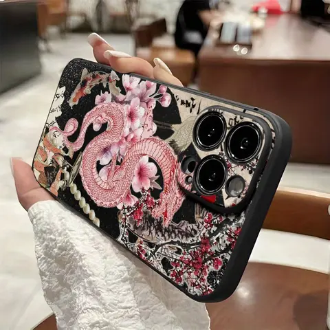Protective TPU Smartphone Case - American Retro Preppy Street Style, Shockproof Cover with Traditional Dragon Cherry Blossom Koi Pattern, Cute Phone Accessory for iPhone 16/15/14/13/12/11 Pro, Google Pixel 10 Pro XL, Family Gift
