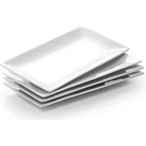 12" Rectangle Plates Set of 4 - White Serving Platters for Party, Wedding, and Entertaining - Rectangular Serving Trays Dishes for Steak, Taco, Sushi, Appetizer, Cake - Dishwasher & Oven Safe