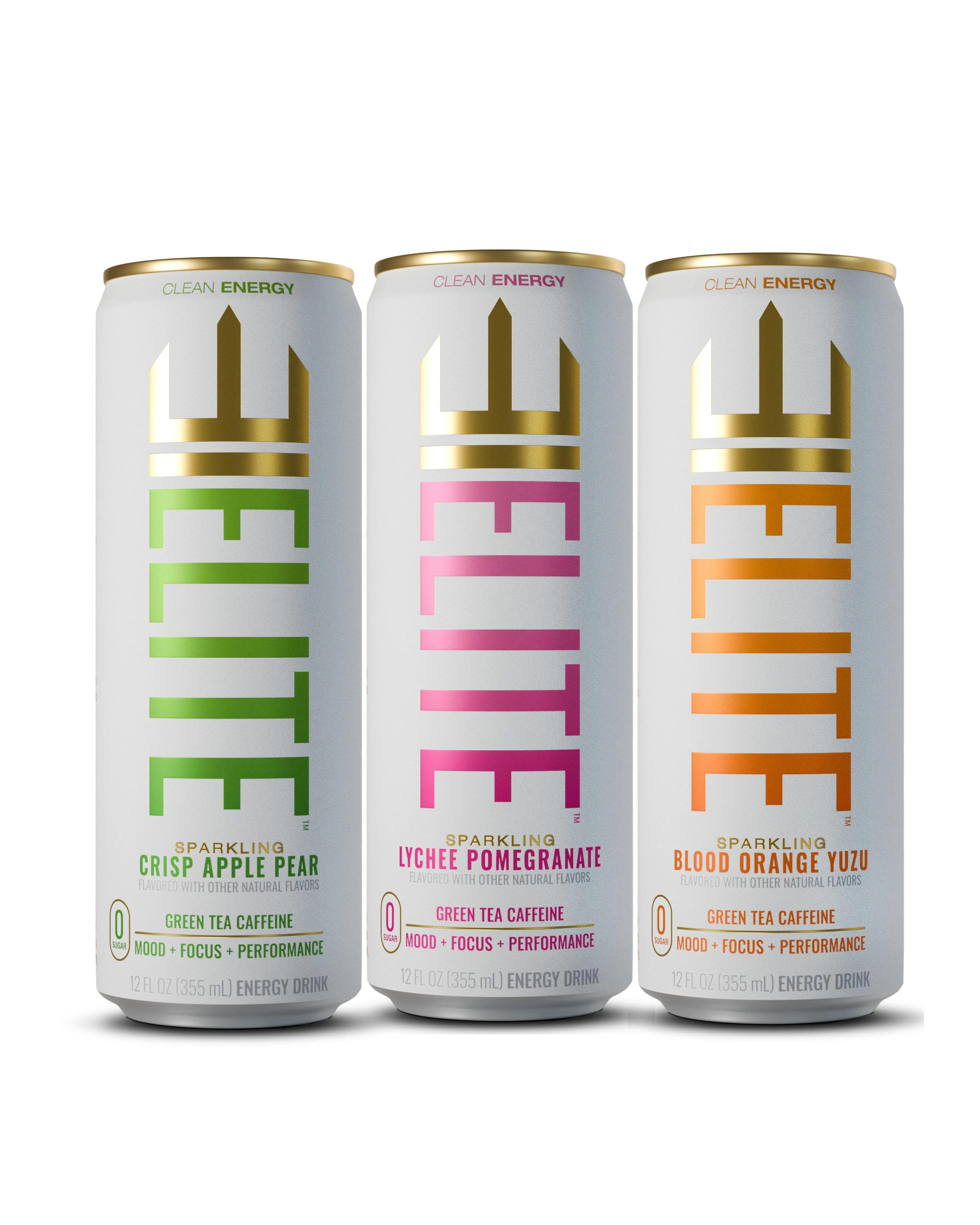 ELITE Energy Natural Energy Drink Sparkling Variety Flavors Mixed 12-Pack, Green Tea Caffeine, Ashwagandha, Lion’s Mane, B Vitamins, Zero Sugar, Vegan