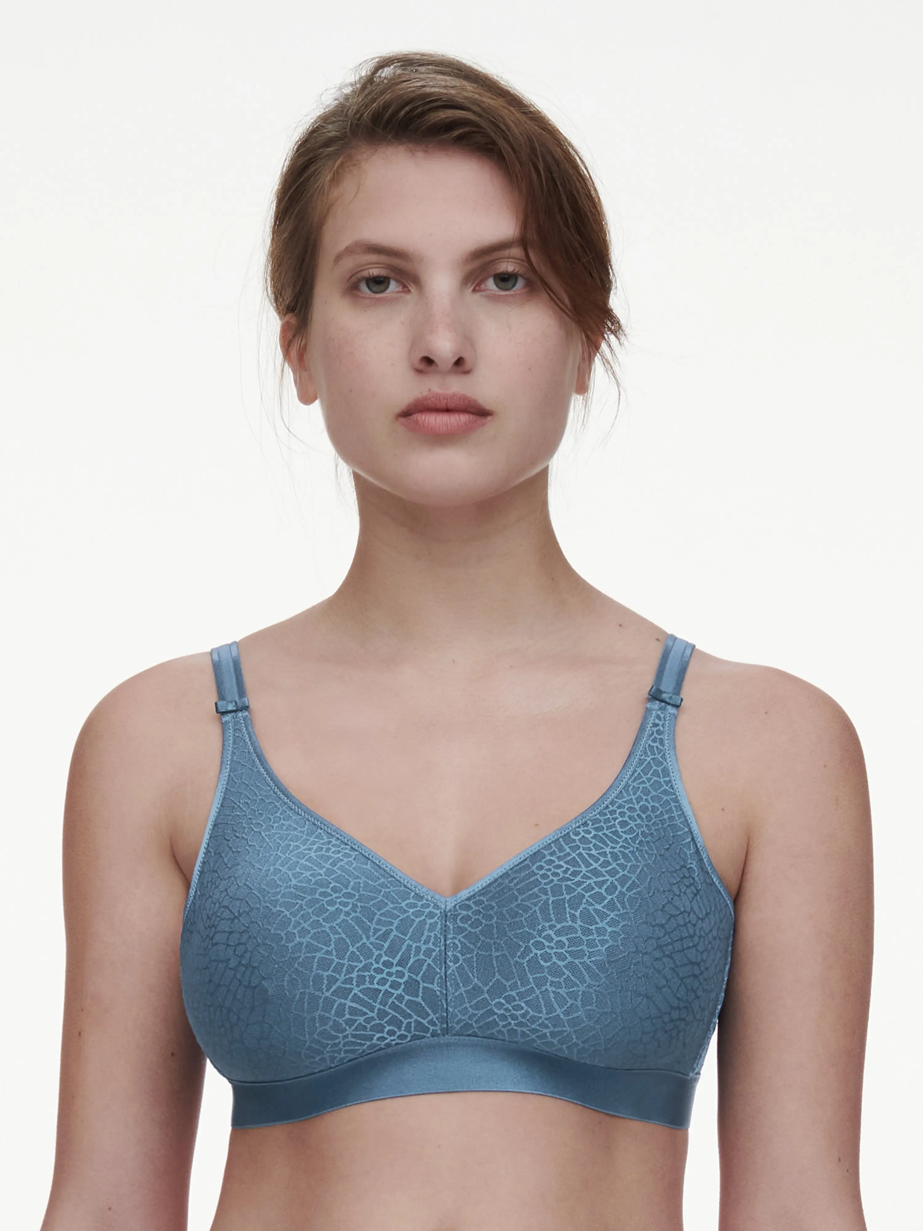 Women's Chantelle C Magnifique Knit Bralette - Jeans Blue, Flower Accents, Minimizer, Adjustable Straps, Banded Base Construction, Breathable Seamless Wireless, Bralette Style, Comfy Hold, Support & Security, Hand Wash (32D, 38D)