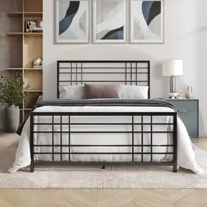 Nazmir Clean-lined Metal Bed Frame - Durable Robust Design with Wooden Slats & Side Rails - Modern Minimalist Style