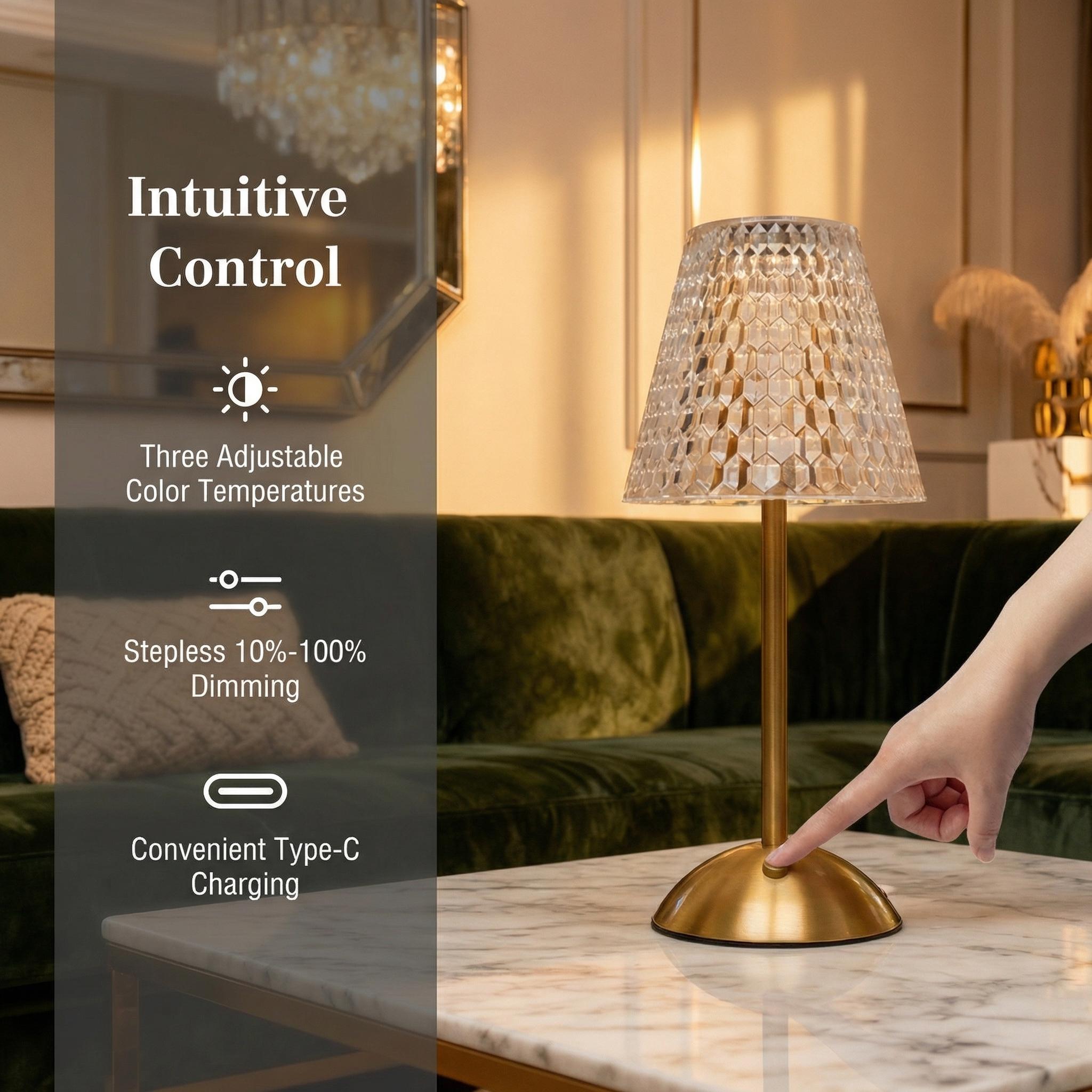 Modern Gold Crystal Table Lamp, Elegant Ambient Bedside Light for Bedroom, Living Room, Nightstand and Home Decor