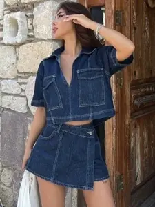 Women High Waist Mini JeanSkirts Skorts Blue Side Button Detail, Pocket Accents & Relaxed Fit Y2K Summer Casual Fashion Trends Women's Bottoms for Daily Looks, Beach Outfits, Boho Casual Skirts