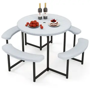 COSTWAY - Round Picnic Table Bench Set with 4 Benches and Umbrella Hole for Patio Lawn-White
