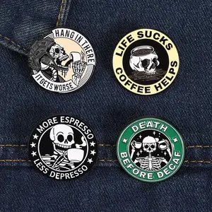 Spring new brooch -4 PCS round coffee skull series badge brooch, fashionable cartoon brooch, suitable for decoration on backpacks and clothing, exquisite gift, perfect for giving to family and friends summervibes