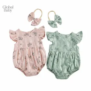 Global Baby Rompers Plaid Frills Round Neck Fly Sleeve Infant Clothes Bodysuits Jumpsuits Romper with Headband, Floral Print Round Collar Fly Sleeve Bodysuit+ Hair Band for Girls