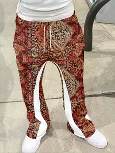 Vintage Paisley Print Flared Pants - Rich Red Gold Casual Trousers
