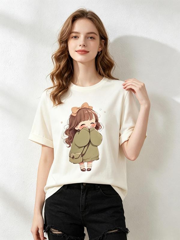 Women's Pure Cotton Cream Crew Neck Short Sleeve Lightweight T-Shirt - Comfortable Fabric, Fitted Cut, Viral TikTok Kawaii Cottagecore Casual Top, Chibi Girl Graphic Print (Long Curly Hair, Big Brown Bow, Olive Green Oversized Coat, Mouth Cover)