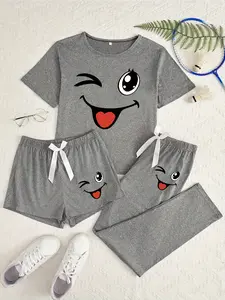 Cute Smiley Face Three-Piece Set, Cartoon Pattern, Loose-Fitting Casual Everyday Home Wear, All-Seasons Comfortable, Womenswear