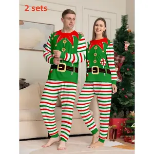 Couple's Christmas Themed Print Pajama Two-piece Set, Casual Comfy Long Sleeve Top & Elastic Waist Pants PJ Set, Men's Sleepwear for Spring & Fall, Loungewear