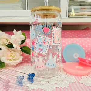 Airmail Bunnies Glass Tumbler Cup - Includes Bamboo Lid & Glass Straw