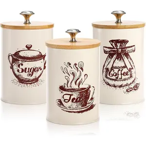 3-Piece Metal Canister Set for Kitchen Countertop, Coffee Sugar Tea Storage Containers, Jar, Bamboo Lids, Farmhouse Style Decor for Home & Office Use