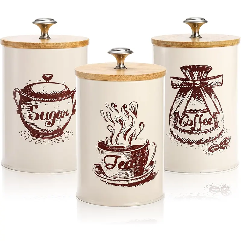 3-Piece Metal Canister Set for Kitchen Countertop, Coffee Sugar Tea Food Storage Containers, Jar, Bamboo Lids, Farmhouse Style Decor for Home & Office Use