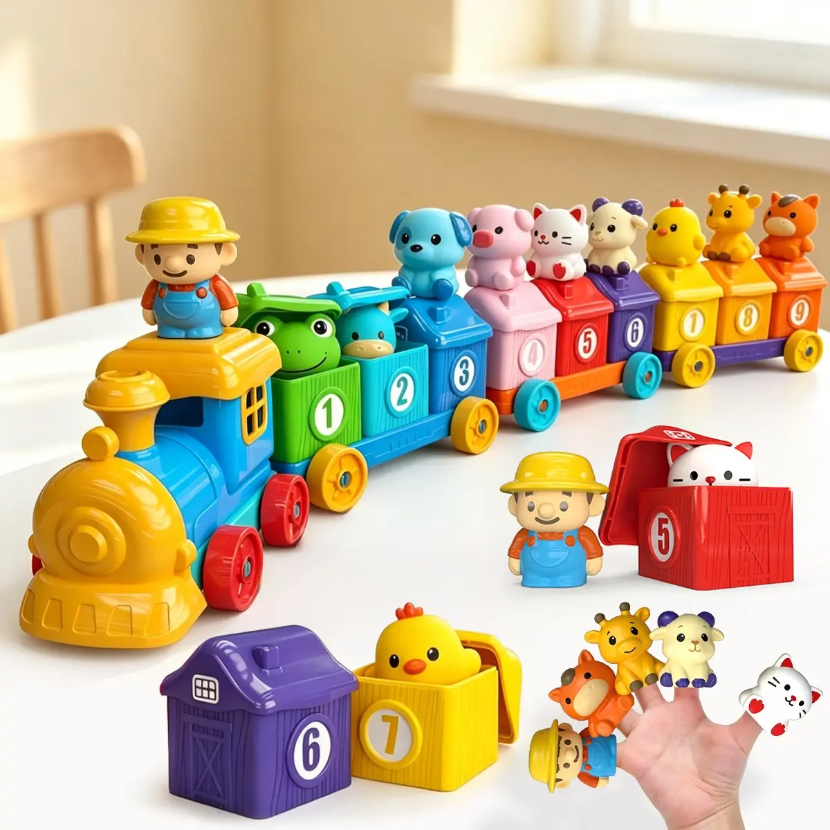 Montessori Farm Train Set for Kids, Magnetic Building Blocks, Locking Barn Toy with Animals, Birthday Gift for Boys Girls Ages 1-3