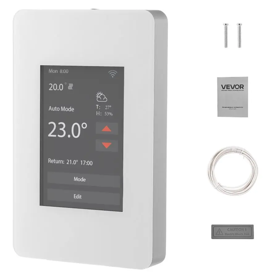 VEVOR 7-Day Programmable Digital Thermostat Controller, Gray-White Non-WiFi Model with TFT Color Touchscreen, GFCI Sensitive Sensor for Radiant Underfloor Heating Cable, Heat Pump Efficiency, Tft Color Display Touchscreen